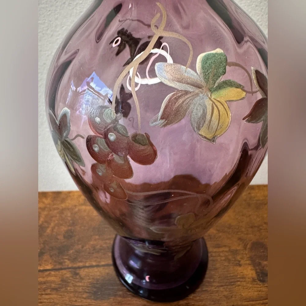 VTG Fenton Plum Amethyst Diamond Optic Glass Vase Hand Painted Grapes Ruffled